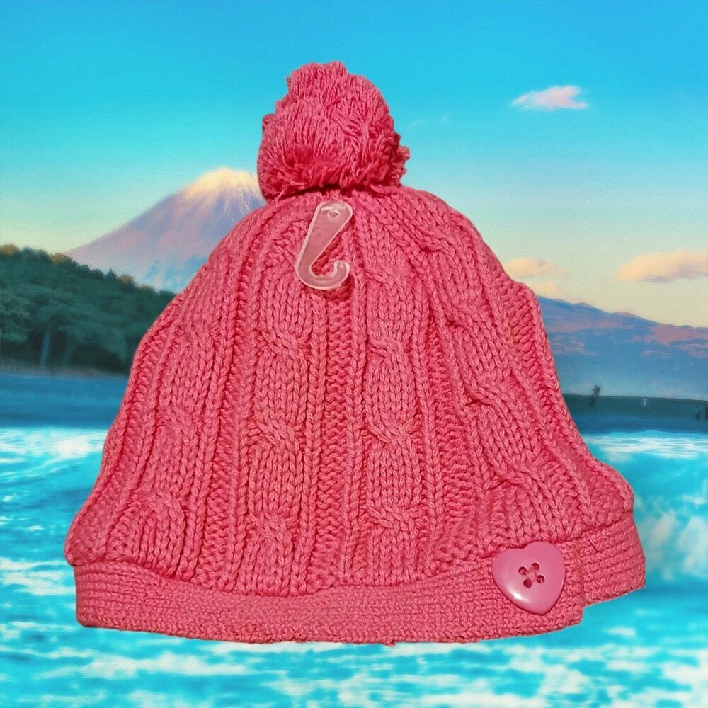 The Children's Place Girls Pink Cable Knit Pom Pom Hat Fleece Lined Size 7-8 NWT